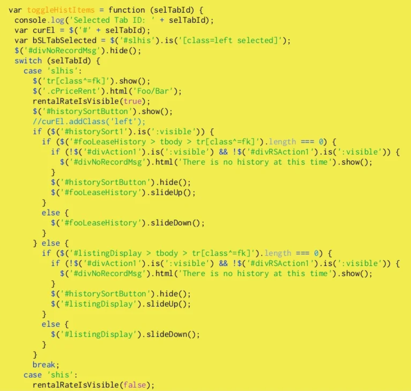 JQuery code sample from “The jQuery Divide” — Rebecca Murphey (September 25th, 2010)