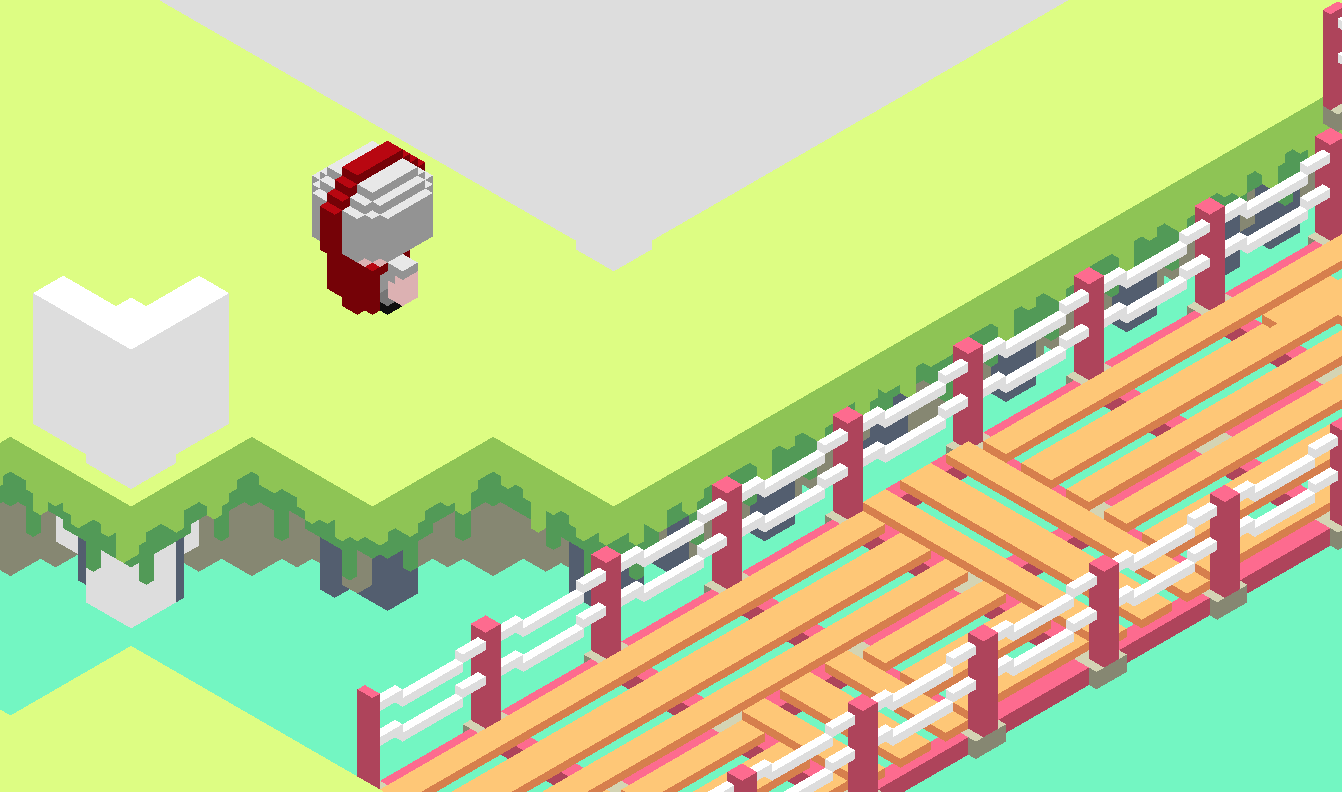 A voxel scene drawn from an isometric camera perspective